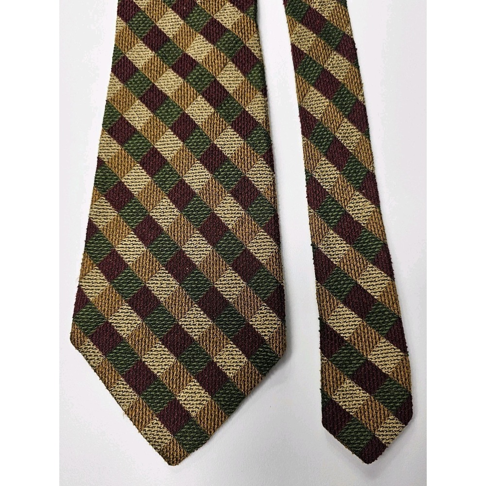 Ermenegildo Zegna Tie 100% Silk‎ Gold Green Burgundy Textured Made Italy